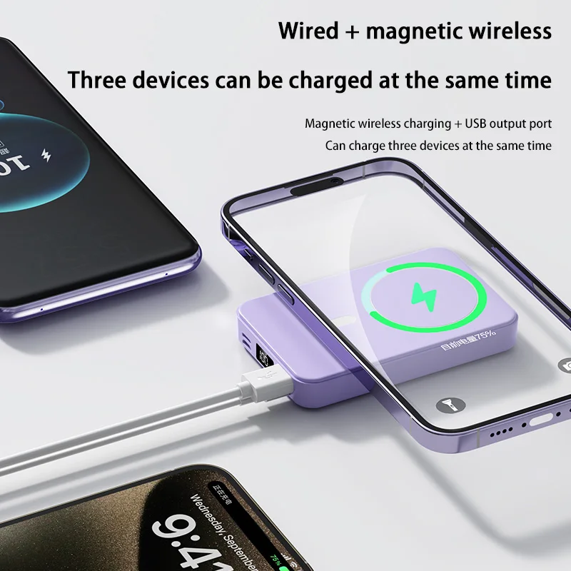 200000mah power bank 22.5w magnético sem fio com portas USB-C suporte embutido banco de potência de carregamento rápido para iphone samsung