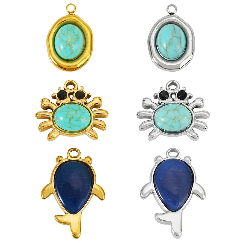 5pcs Stainless Steel Cute Blue Fish Turquoise Crab Charms for DIY Necklace Earring Jewelry Making Bag Chain Pendant Accessories - view 4