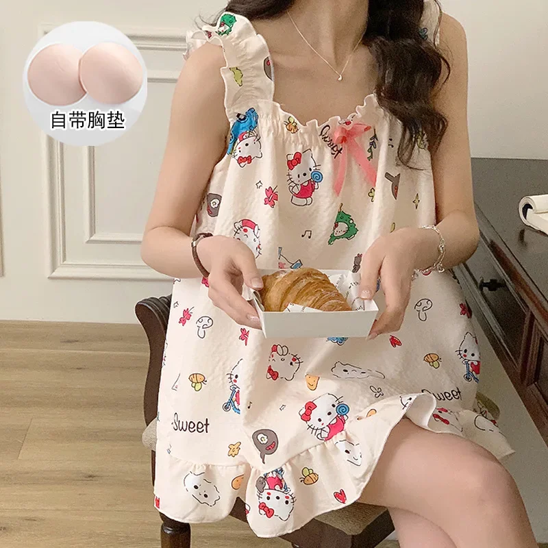 Sanrio New Hello Kitty Sling Pajamas Ice Silk Leisure Lightweight Breathable with Chest Pad Please Cool Cute Home Pajamas