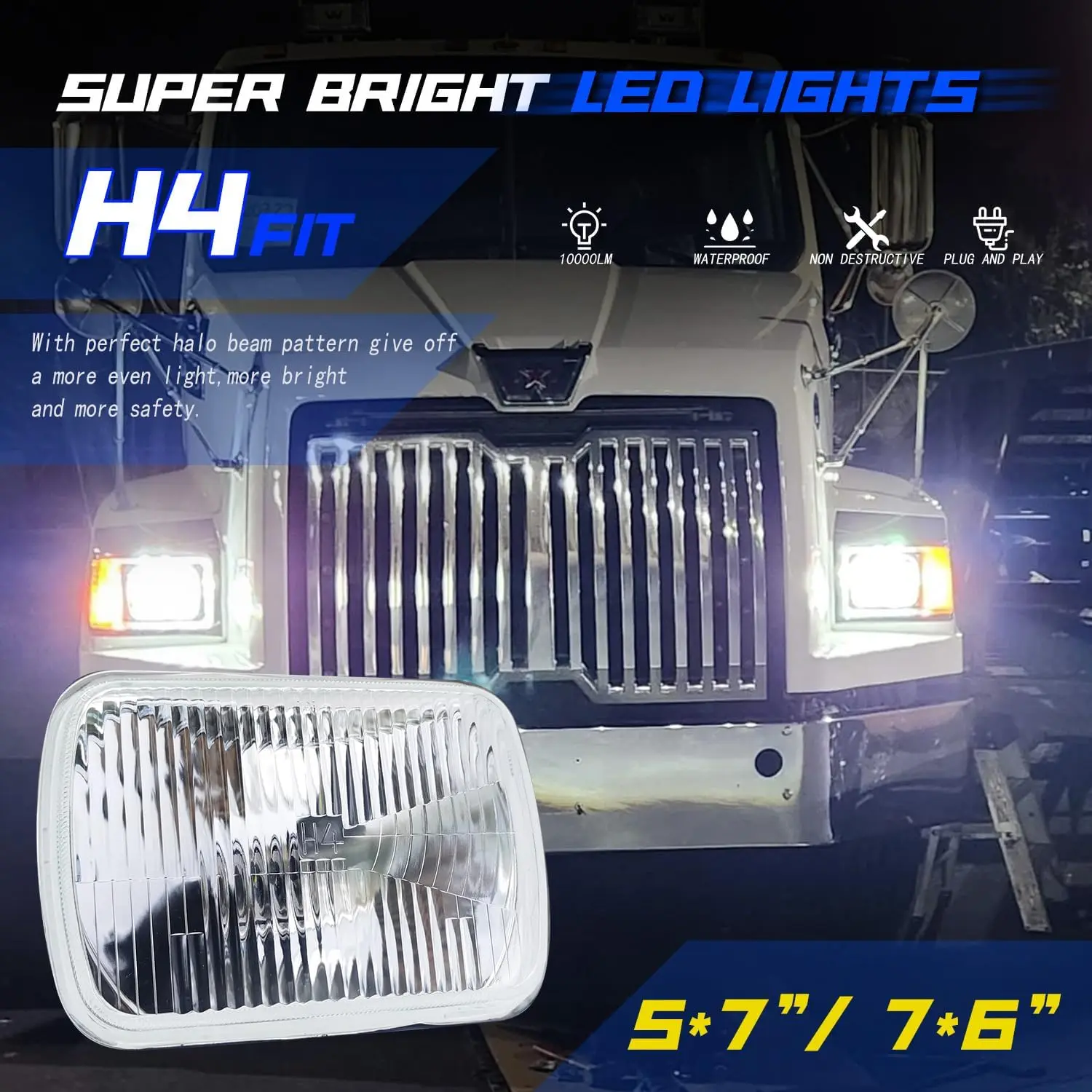 LED Headlights 7x6 Inch H6054 5x7 Square Glass Lens Housing, H4 High/Low Sealed Beam, Compatible with 1978-1986 F150 F250 F350 T
