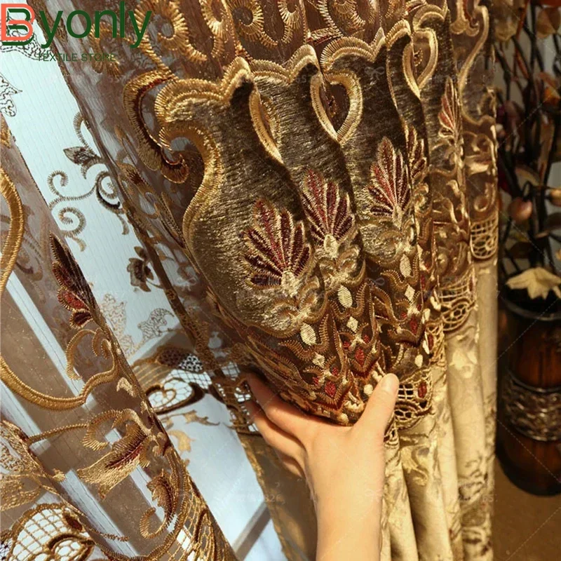 

Coffee Dark Gold Brown Embroidery Hollow Out Design Window Screen Curtains for Living Room Bedroom Villa Custom Home Decoration