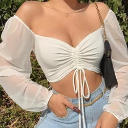 Horetong Women's Sexy V-neck Off-Shoulder Blouses Summer Drawstring Bandage Long Sleeve Tops Ladies Korean Fashion Short Clothes