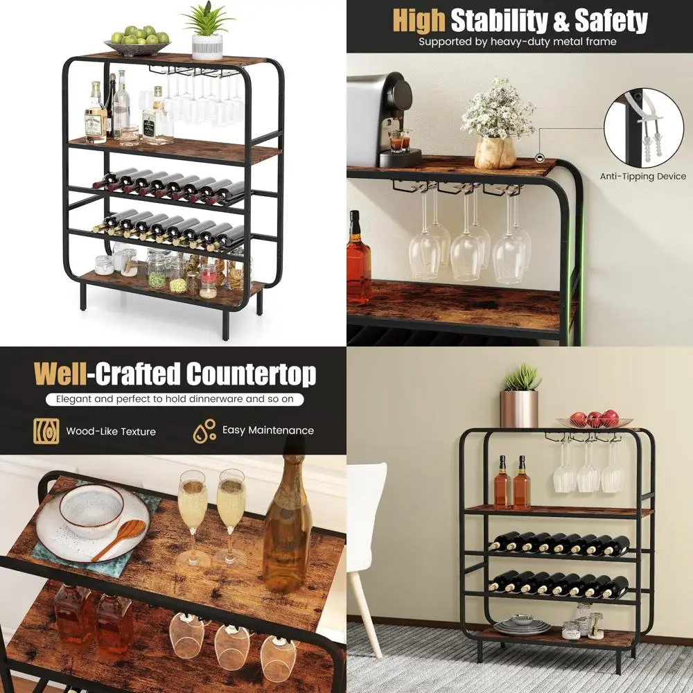 

Freestanding 5-Tier Metal Wine Rack with Glass Holders for Floor Display and Industrial Liquor Storage