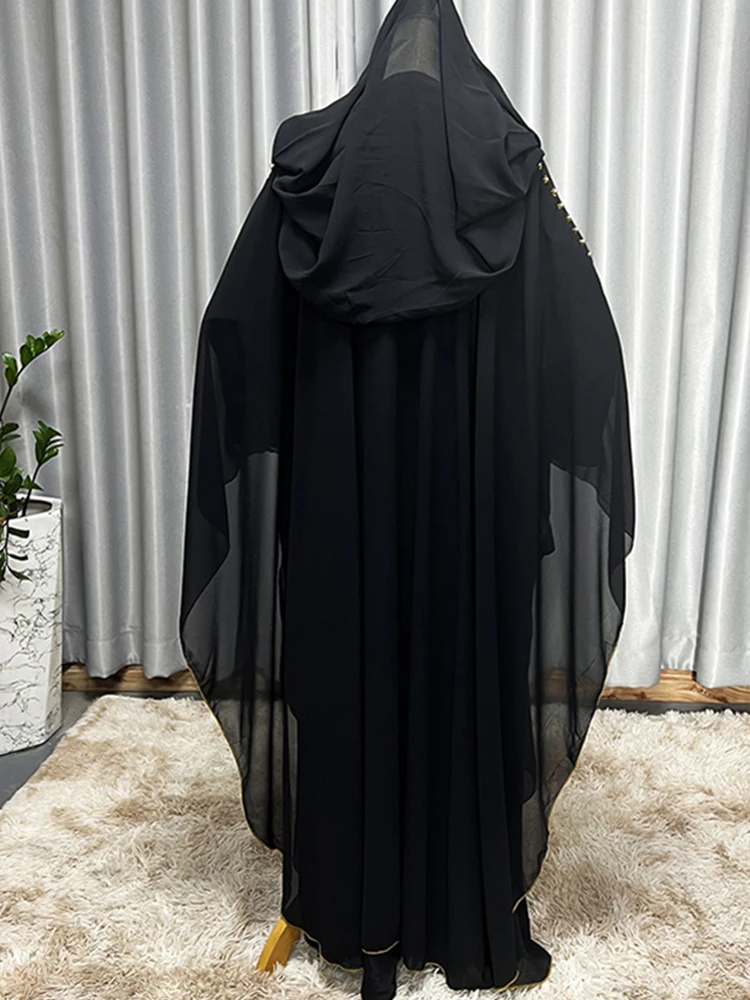 Fashion Hooded Beading Abaya Muslim Kimono Dresses Women Batwing Sleeves Diamond Boubou Dubai Turkey Kaftan Arab Black Robes