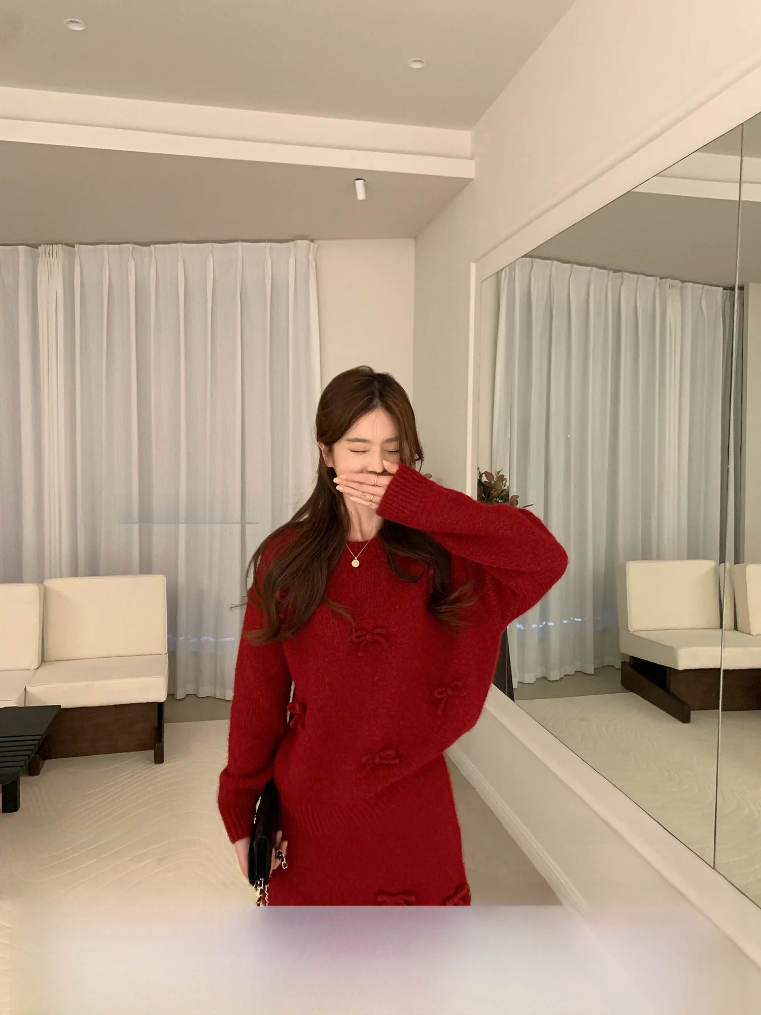 

Cherry Berries Red Knitted Sweater Set with Bow Knot Loose ort Korean Sle Top And Skirt Casual Loose Fit Warm Faion