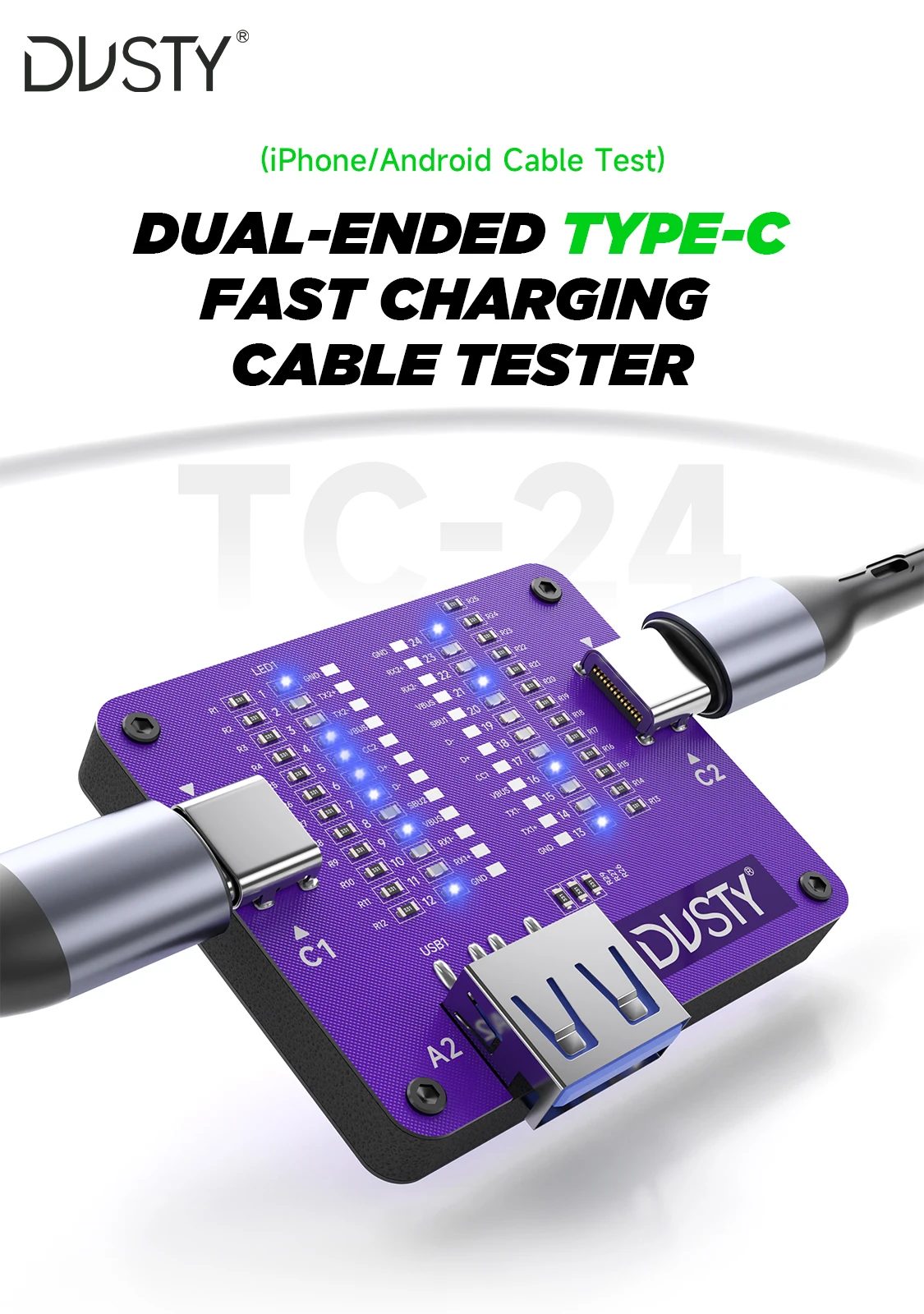 MECHANIC Dusty TC-24 Dual-ended Type C Cable Tester for Fast Charging Cable Testing Circuit Phone USB C Diagnostic Repair Tool