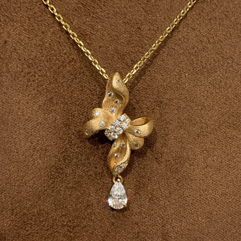 عالية الجودة متجمد تألق نحى Bowknot قلادة خمر البطانة الماس قطرة الماء طوق سلسلة مجوهرات الزفاف