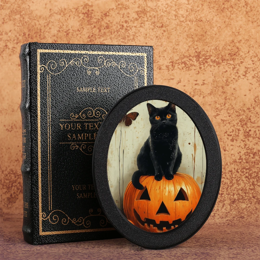 1 Piece Halloween - themed Oval Decoration, Retro Black Frame Shows Black Cat & Pumpkin Scene, Creates Mysterious Festival Atmos