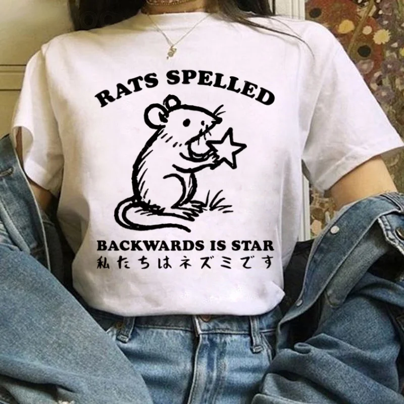 Camiseta informal japonesa de estilo Retro para mujer, camiseta de manga corta estampada, ropa, camiseta blanca con patrón de dibujos animados de ratón divertido