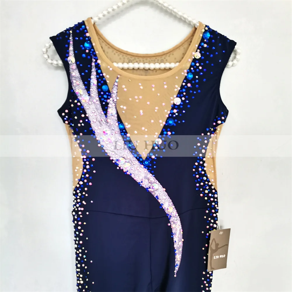 LIUHUO justaucorps de gymnastique rythmique personnaliser femmes fille Costume Performance compétition robe aérobic combinaison adolescent bleu marine