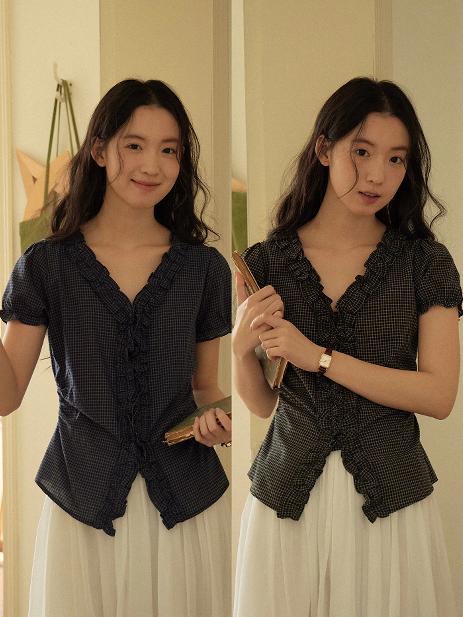 

French Style Slim Fit Shirt Women's V Neck Waist Cinched Cotton Blend Short Sleeve Ear Look Design Casual Breathable Top