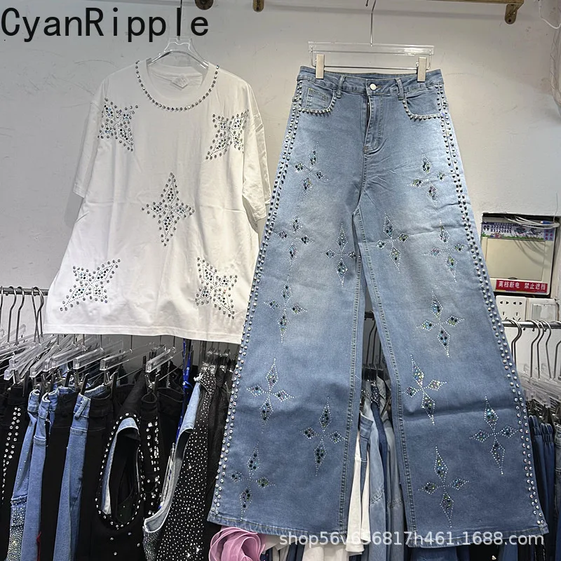 

Модный весенне-летний женский комплект из двух предметов, роскошные бриллианты, свободная белая футболка с короткими рукавами + широкие прямые джинсы с высокой талией