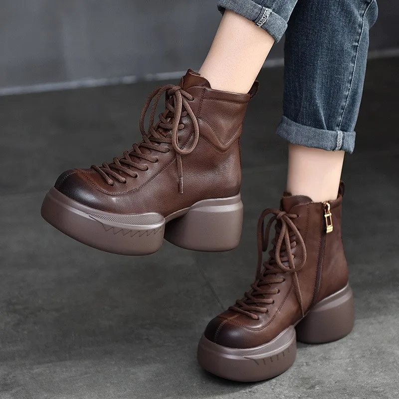 

Genuine leather short boots 2023 new retro round head soft leather thick sole platform top layer cowhide boots for women