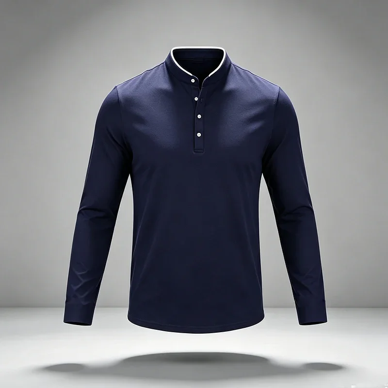 Male Stand Collar Polo Shirt Long Sleeve Button Placket Contrast Neck Detail For Outdoor Walking Weekend Leisure Occasions