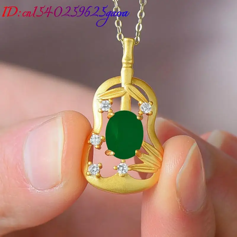 Natural Jade Bamboo Pendant Necklace Talismans Real Jewelry Gifts for Women Vintage Amulet Fashion Accessories 18K Gold Plated