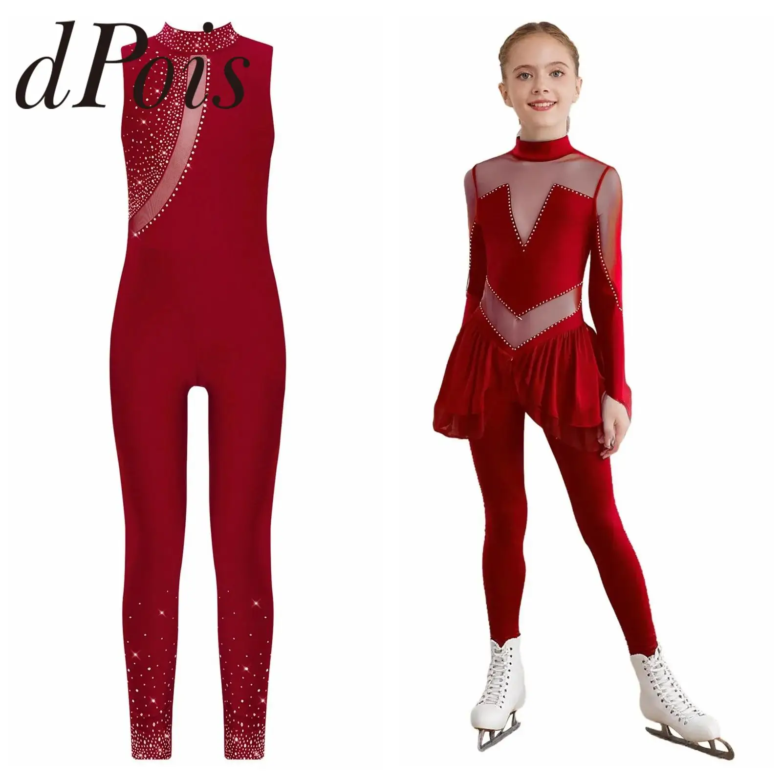 ชุดจั๊มสูทตาข่ายโปร่งสำหรับเด็กผู้หญิง สำหรับการเล่นฟิกเกอร์สเก็ต ยิมนาสติกศิลป์ บัลเลต์ แอคโรบิกส์ ชุดบอดี้สูทสำหรับการแสดง