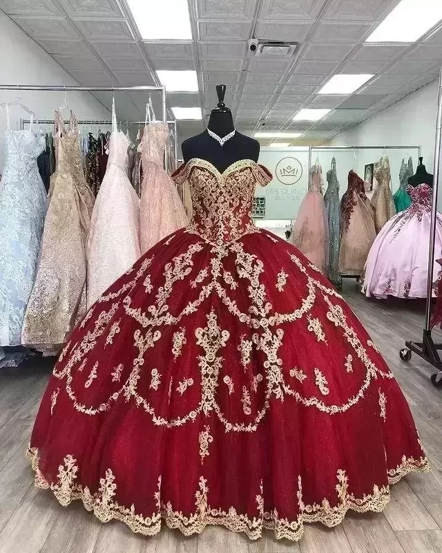 ANGELSBRIDEP-vestidos de quinceañera con hombros descubiertos, apliques dorados de tul para fiesta de cumpleaños, fiesta de máscaras, 16