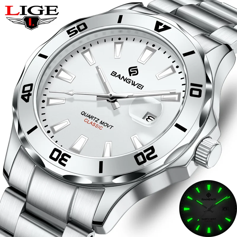 LIGE Luxury Man Wristwatch Business Stainless Steel Date Quartz Men Watch Waterproof Luminous Date Men's Watches Clock+Box