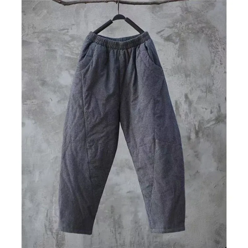 文学的な綿麻素材の秋冬用ハーレムパンツ、女性用厚手の綿ズボン、伸縮性ウエスト、暖かい足首丈パンツ