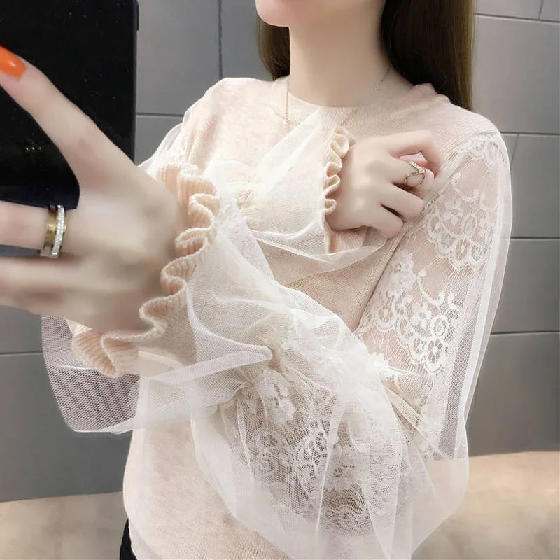 Mori Girl Style Lace Gauze Patchwork Thick Flare Sleeve O-Neck Multiple Colors Knitting Sweaters Ladies Autumn Clothing Grace