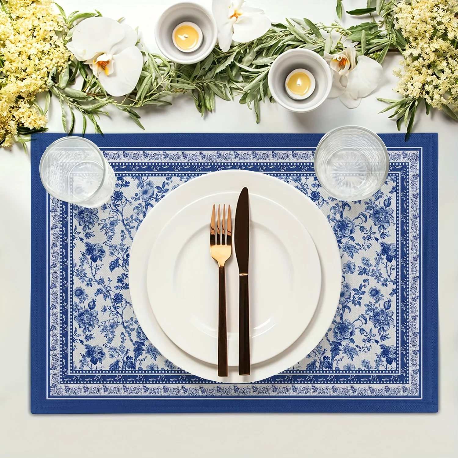1pcsof  Blue Floral Branch Placemats,Featuring Chinoiserie Design. These Washable,