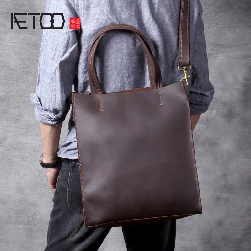 AETOO Vintage Mad Horse Handbag, Men's Leather Large Shopping Bag, Leather Classic Computer Bag