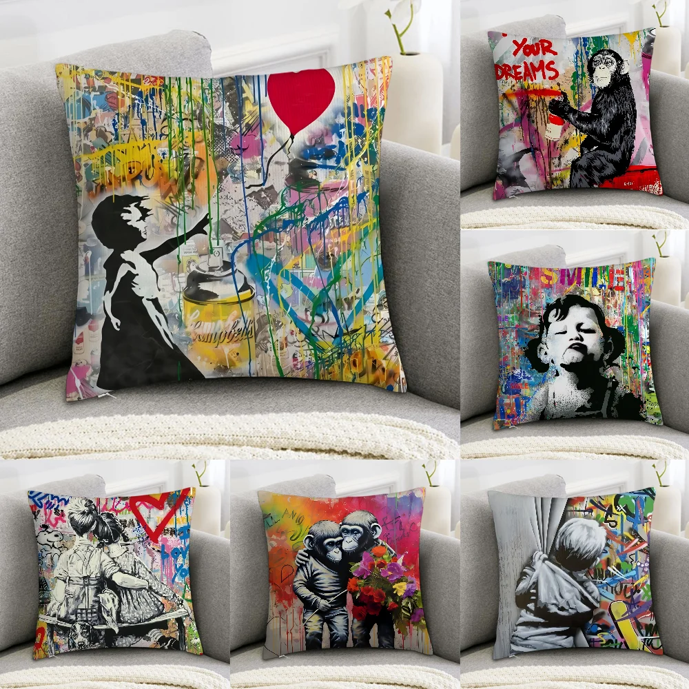 B-BanksyS Street Graffiti Art Pillow Case Sofa Decorative Home Double-sided Print Plush Square Throw Pillow Covers Cushion Decor