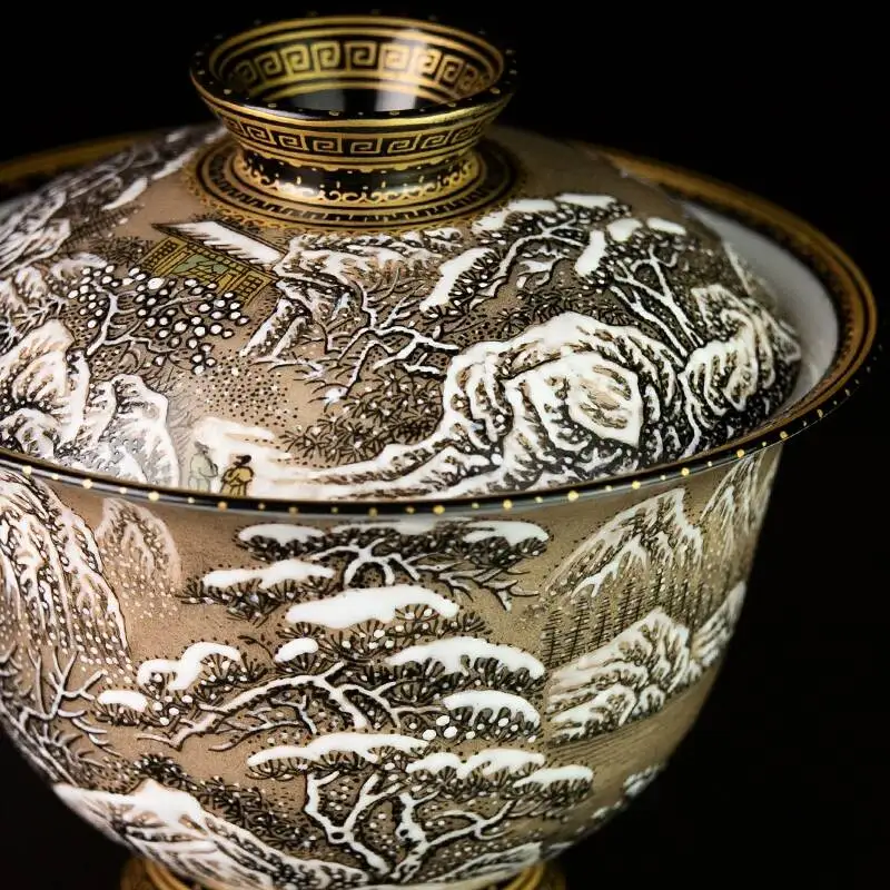 Sacred Mountain Pastel Gaiwan, Xuan Color Ancient Painting Snow Scene Tea Set, Jingdezhen Hand-Painted Landscape Ceramic Gaiwan