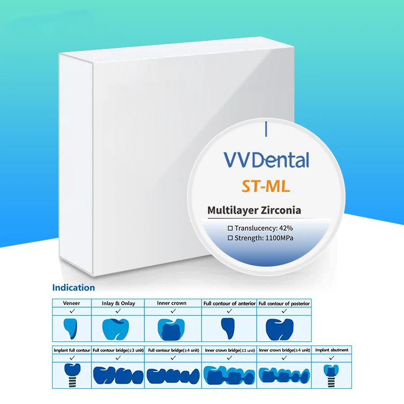VVDental ST-ML 98 mm meerlaagse zirkonia-blokken A3 zirkonia restauratiemateriaal 5 lagen tandheelkundig laboratoriummateriaal