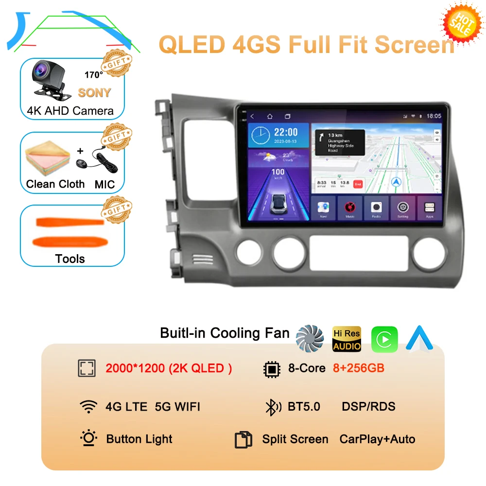 Android 16 autoradio voor Honda Civic 8e generatie (2005-2011) multimedia draadloze CarPlay Android Auto