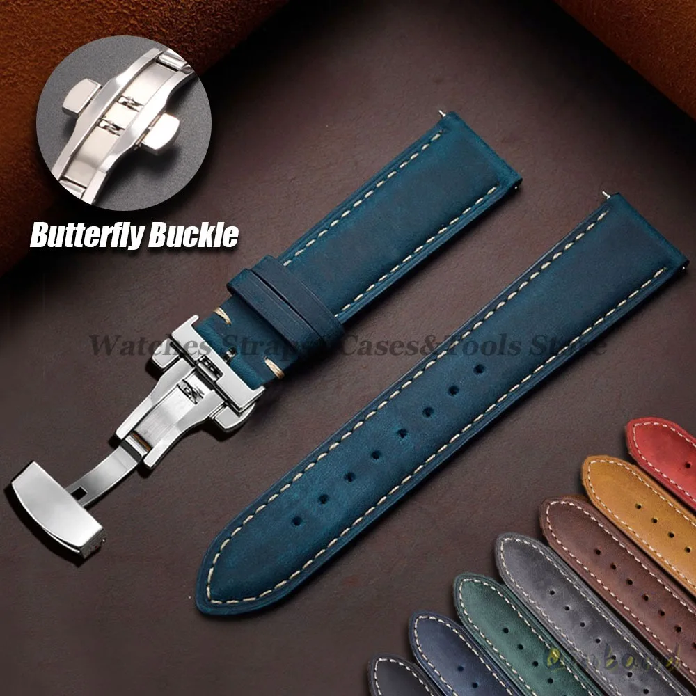 Genuine Cowhide Leather Band for Omega Business Watch Band for Seiko 14/16/18/20/22/24mm Butterfly Buckle Stitching Brown Straps