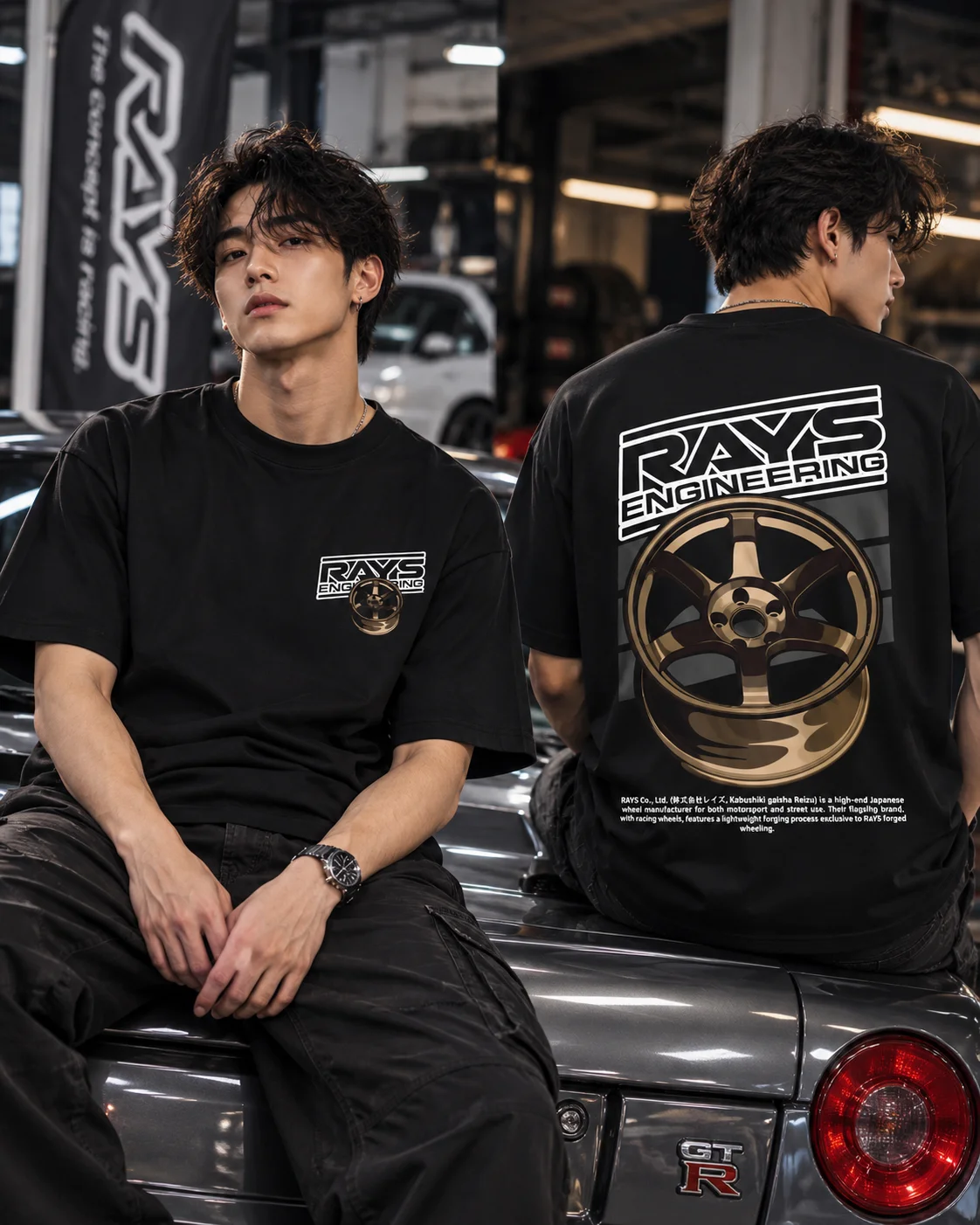 Japanese Car Modified Rim Wheel Hub Modified Car Short-sleeved T-shirt Men's and Women's Cotton Half-sleeved Top