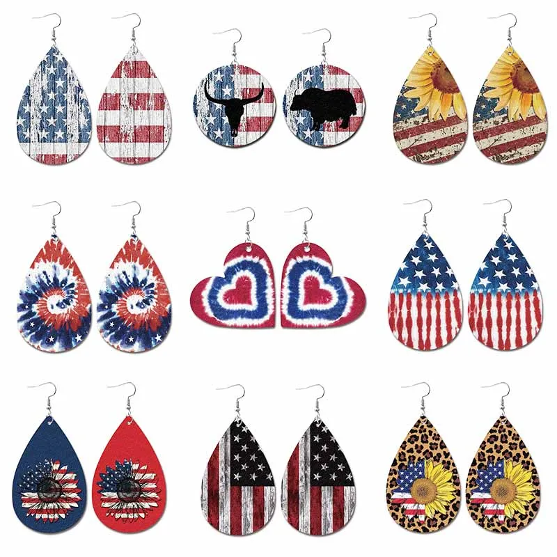 Independence Day Earrings Classic Water Drops American Flag Make old Earrings Holiday tie-dyed Patriotic Leather Ear Rings Gift