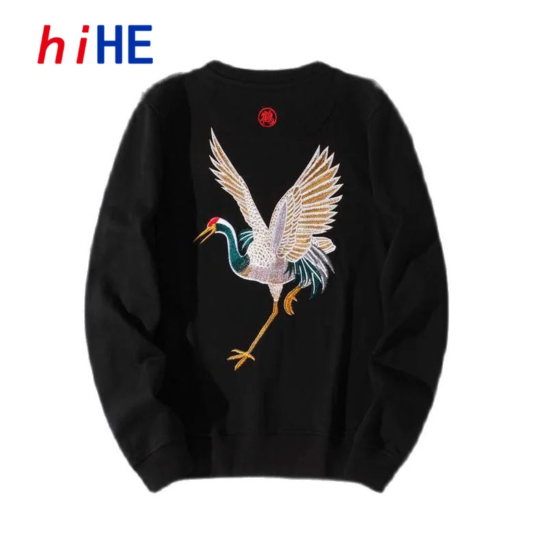 Sukajan Crane Embroidery Chinese Men\'s Trendy Sweatshirt Spring Autumn Round Neck Loose Couple Hoodies 2026 Z1