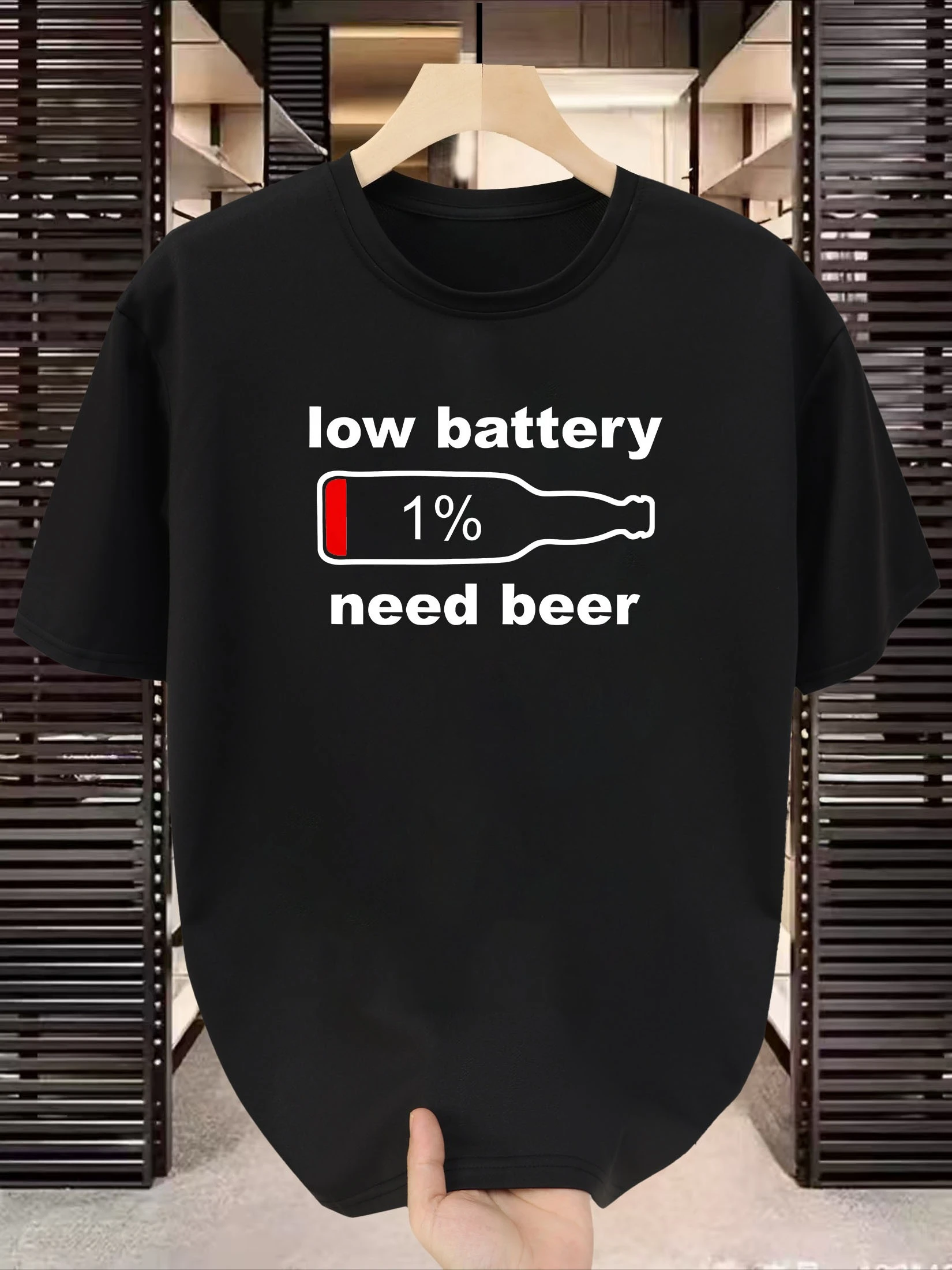 

женская повседневная футболка с круглым вырезом и короткими рукавами - футболка из чистого хлопка с рисунком «низкой батареи 1% = пива», подходит для повседневной носки