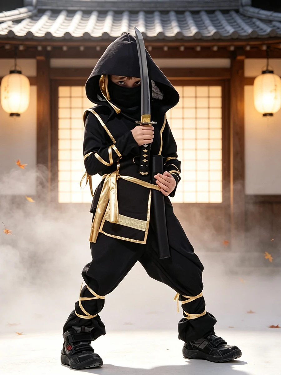 Umorden Classic Gold Dragon Assassin Ninja Costume for Child Boys 4-10Y Purim Hallowen Carnival Role Play Fancy Dress Set view 3