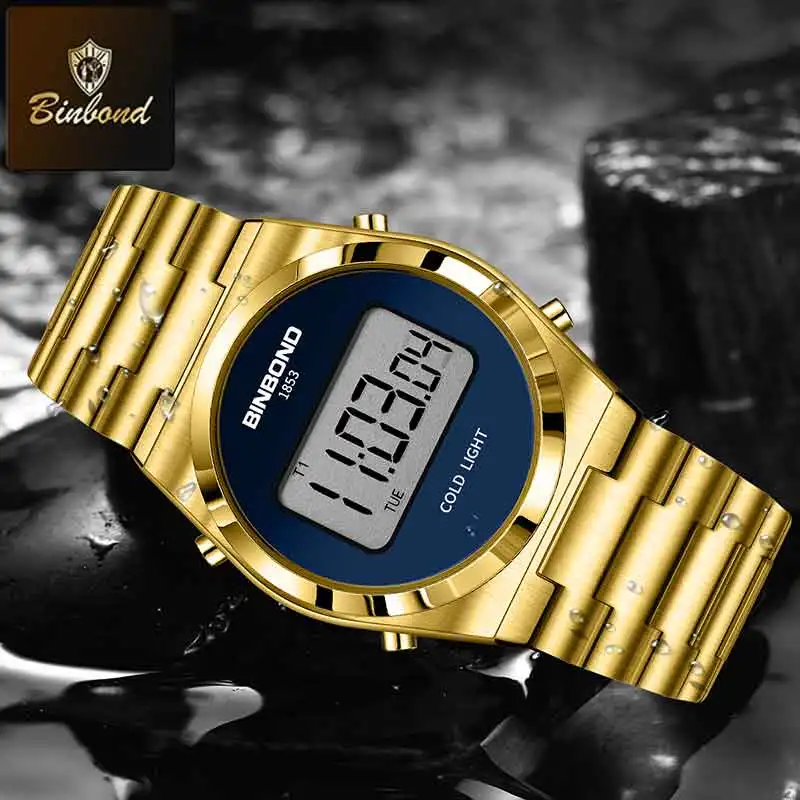 BINBOND ساعة رياضية رقمية جديدة للرجال فاخرة من الفولاذ المقاوم للصدأ إلكترون مقاوم للماء ساعة يد رجالية ساعة مضيئة Reloj Hombre