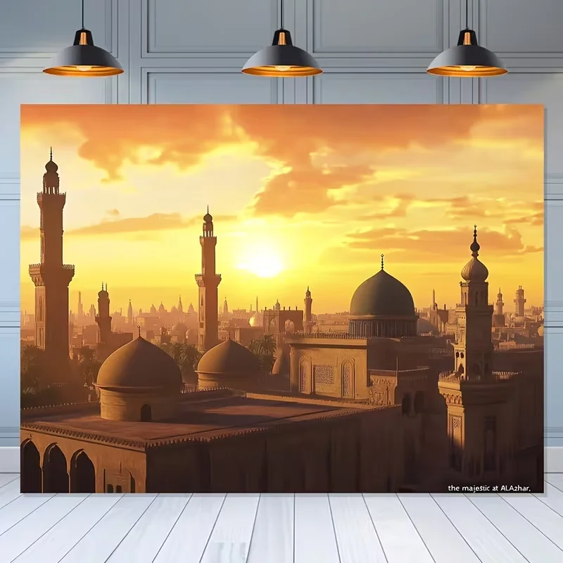 Tapiz con Impresión Digital (1 Pieza), Mezquita Al Azhar al Atardecer Dorado, Ciudad Islámica, Estilo de Arquitectura Sagrada Realista para la Sala de Estar