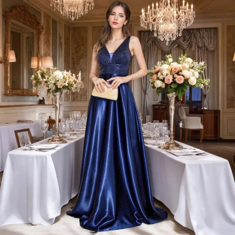 فستان سهرة أنيق جديد على الطراز الأوروبي والأمريكي من الساتان والترتر، فستان حفلات راقٍ للنساء