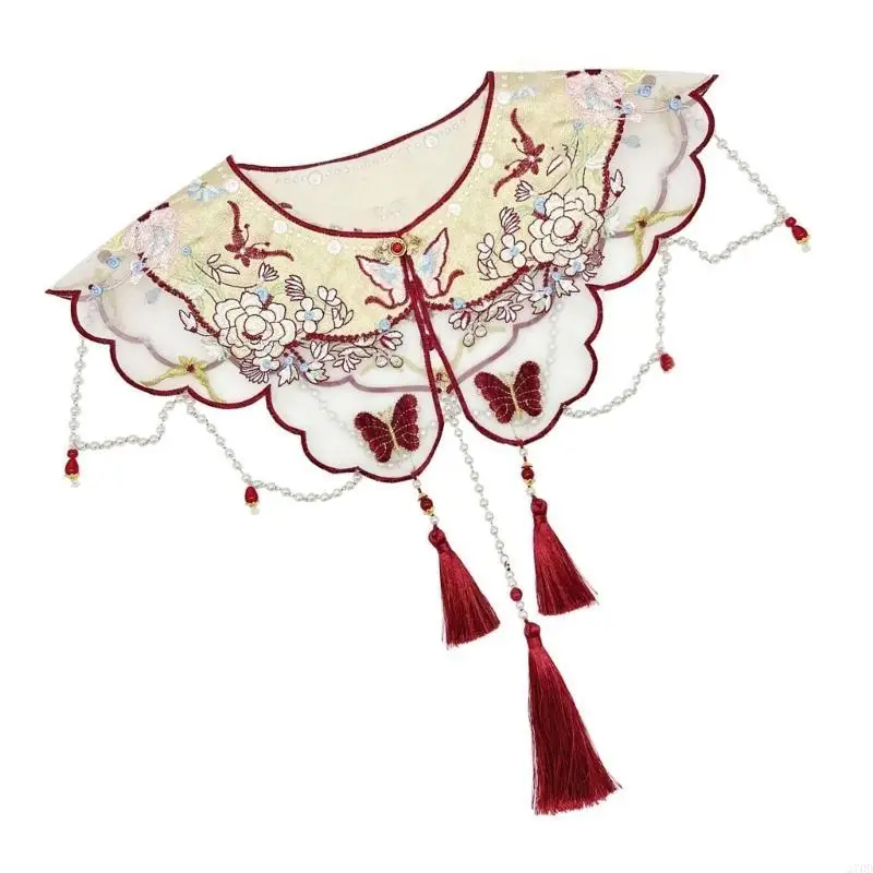 

270D Women Embroidery Butterfly Floral Shoulder Wrap Shawl Beaded Tassels Detachable False Collar Chinese Yunjian Capes Scarf