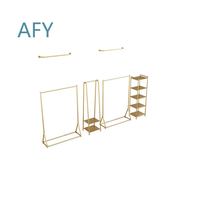 Simple Gold Clothing Store Display Floor-to-Ceiling Hanger for Retail Shop for Men's Women's Clothing Bag Display for Store