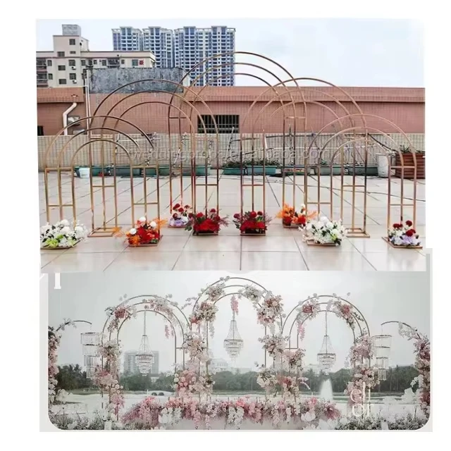 Beliebter Hochzeitsbogen aus gebogenem Eisen mit drei Stangen, personalisierte Requisiten für die Hochzeitsszene im Freien, simulierter Blumenständer aus Seidenblumen. – Detail 1