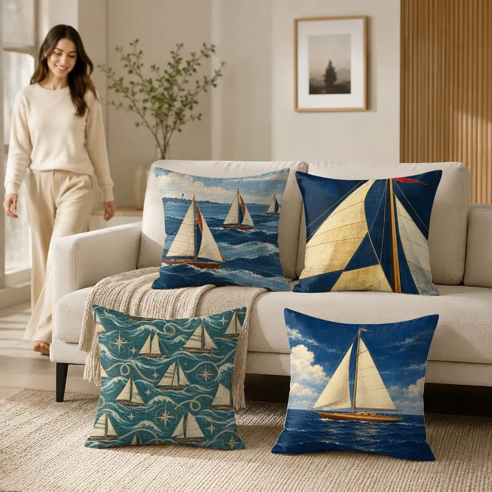 Sailboat Wall Art Cushion Cover 1/4Pcs Soft Plush Throw Pillow Cover Double-Sided Print Sofa Living Room Decor