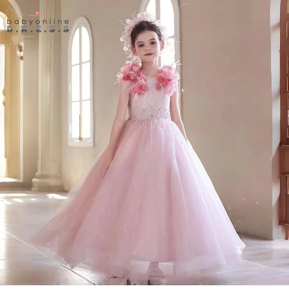 

BABYONLINE индивидуальное платье для церемонии причастия для девочек, тюлевое трапециевидное платье из тюля с цветочным принтом и 3D аппликацией, вышивка, бальное платье в стиле бохо с круглым вырезом