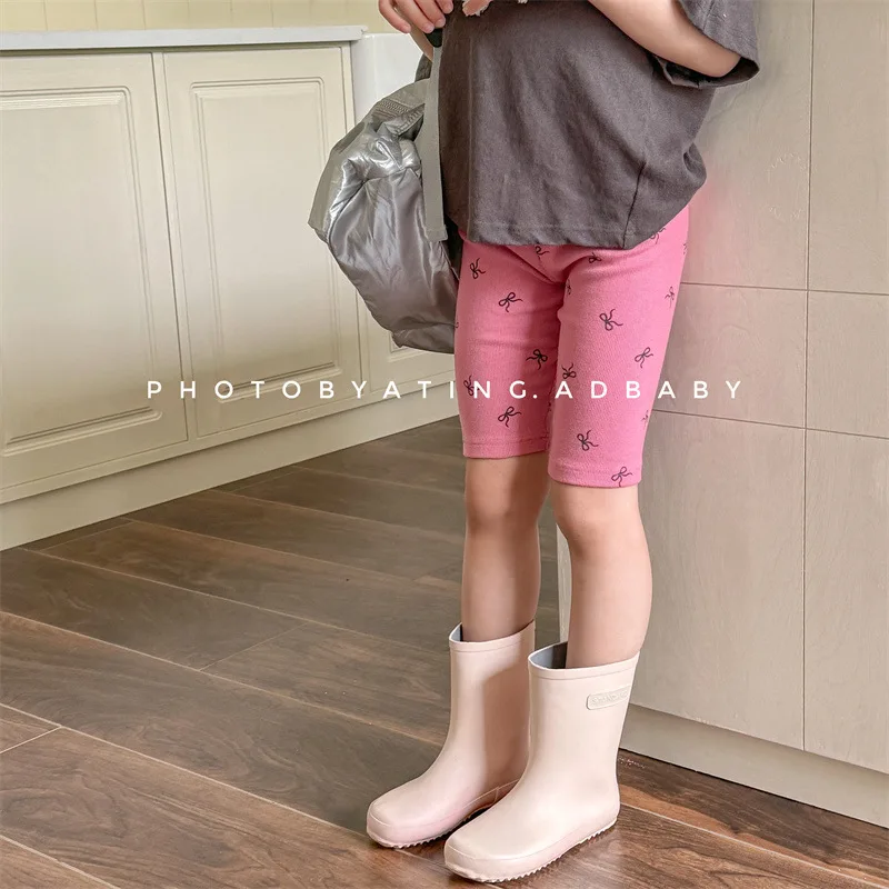 

Summer Baby Girls Leggings Knee Length Shorts Korean Style Bow Print Infant Toddler Leggings Cotton Kids Elastic Skinny Pants