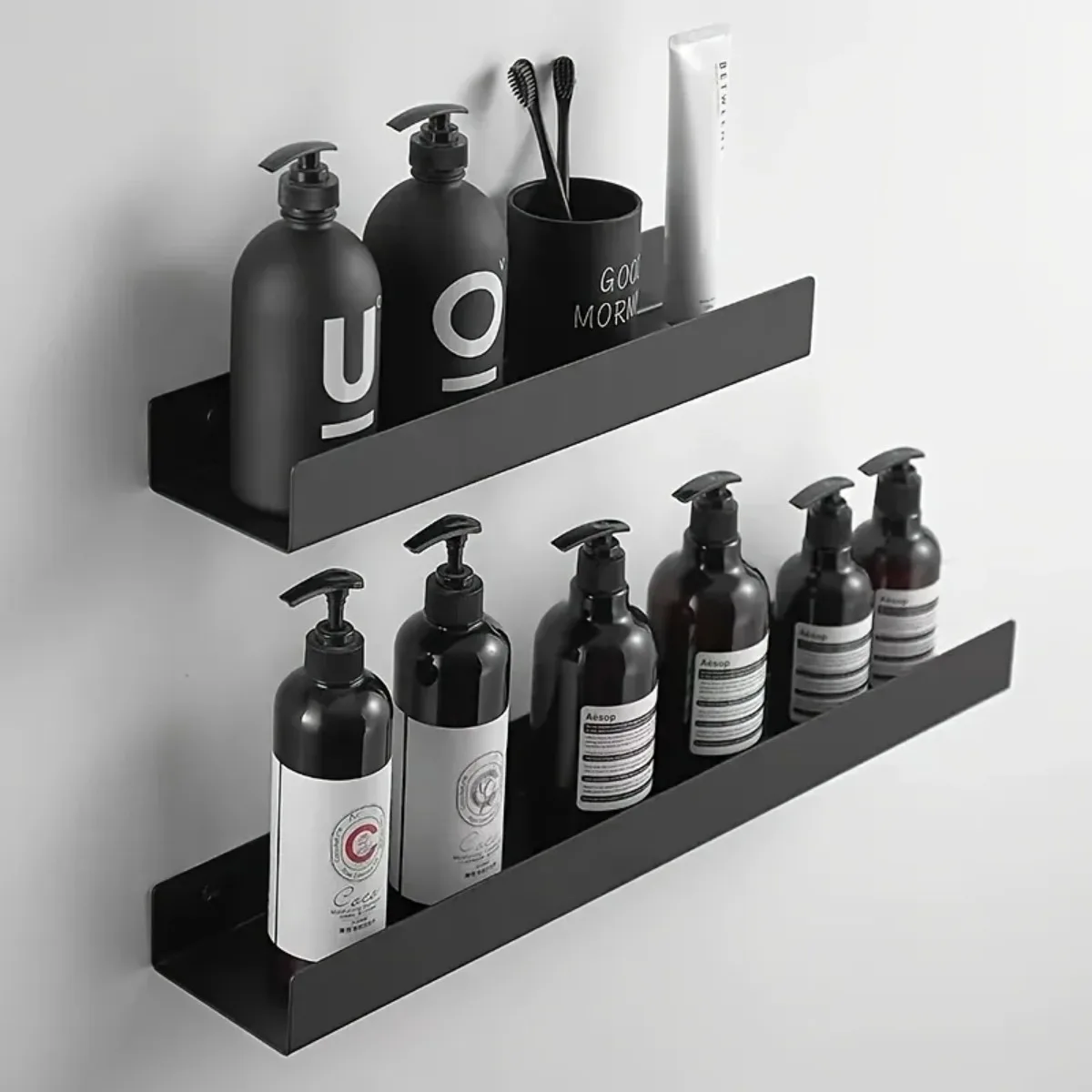 Classic Wall-Mounted Metal Shelf Black Lacquered Floating Shelf for Bathroom Use