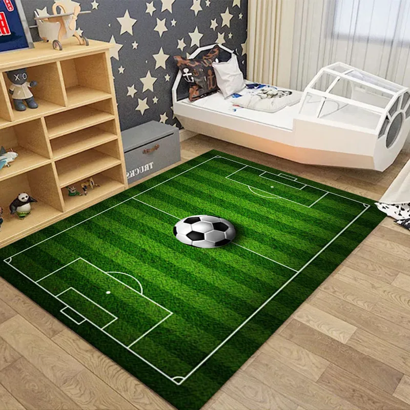 Kids Soccer Field Play Mat Area Rug Green Grass Football Court Print Carpet Non-Slip Washable Floor Mat for Boy Bedroom Playroom