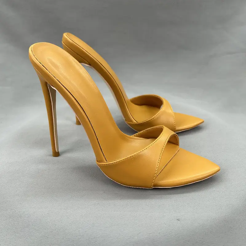 New Peach Pink Open-Toed Slim Heel Cool Mop for Women, Pointed Straight Drag for Commuting, Versatile High-Heeled Slippers 12cm