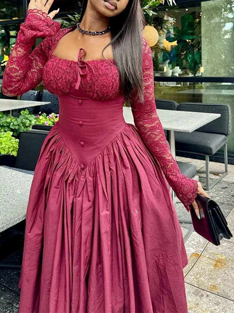 Elegant A-Line Women\'s Long Dress Lace Patchwork Party Dresses Evening Robe Femme African Vestido