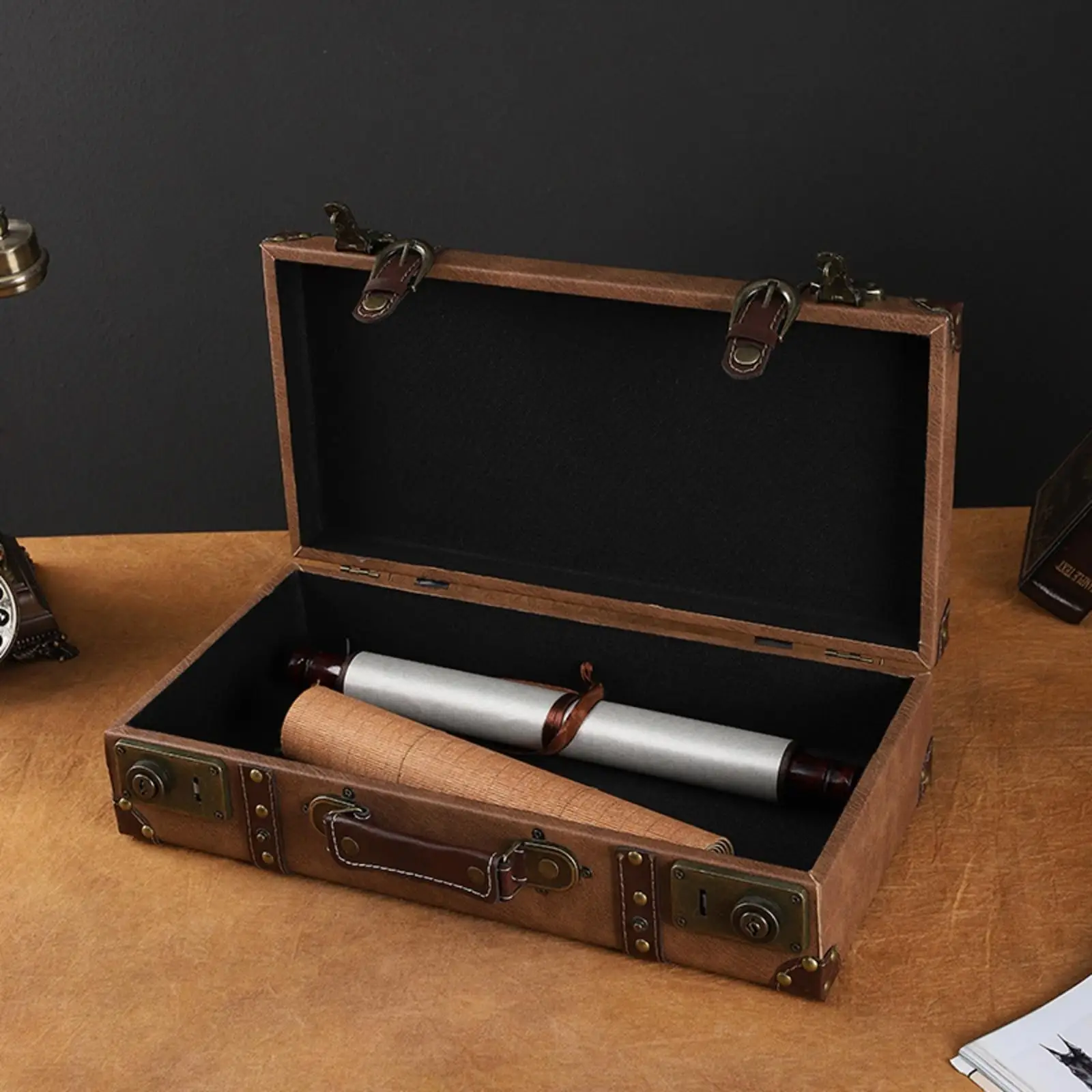 Antique Style Storage Trunk with Leather Straps and Rivets Decorative Wooden Box for Home Decor Film Set Props and Retail